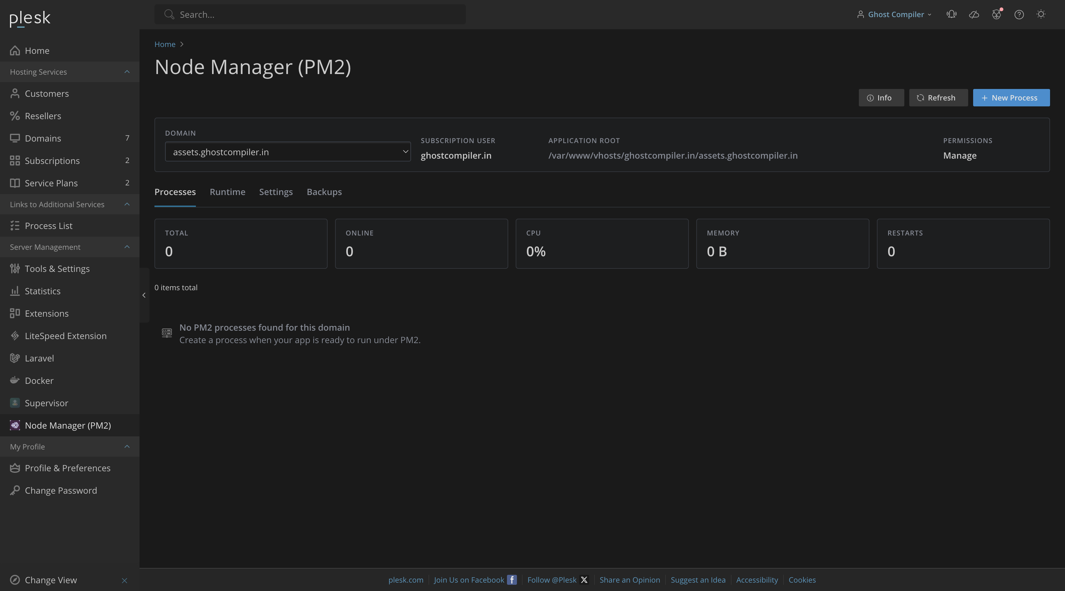 Node Manager PM2 dashboard dark theme