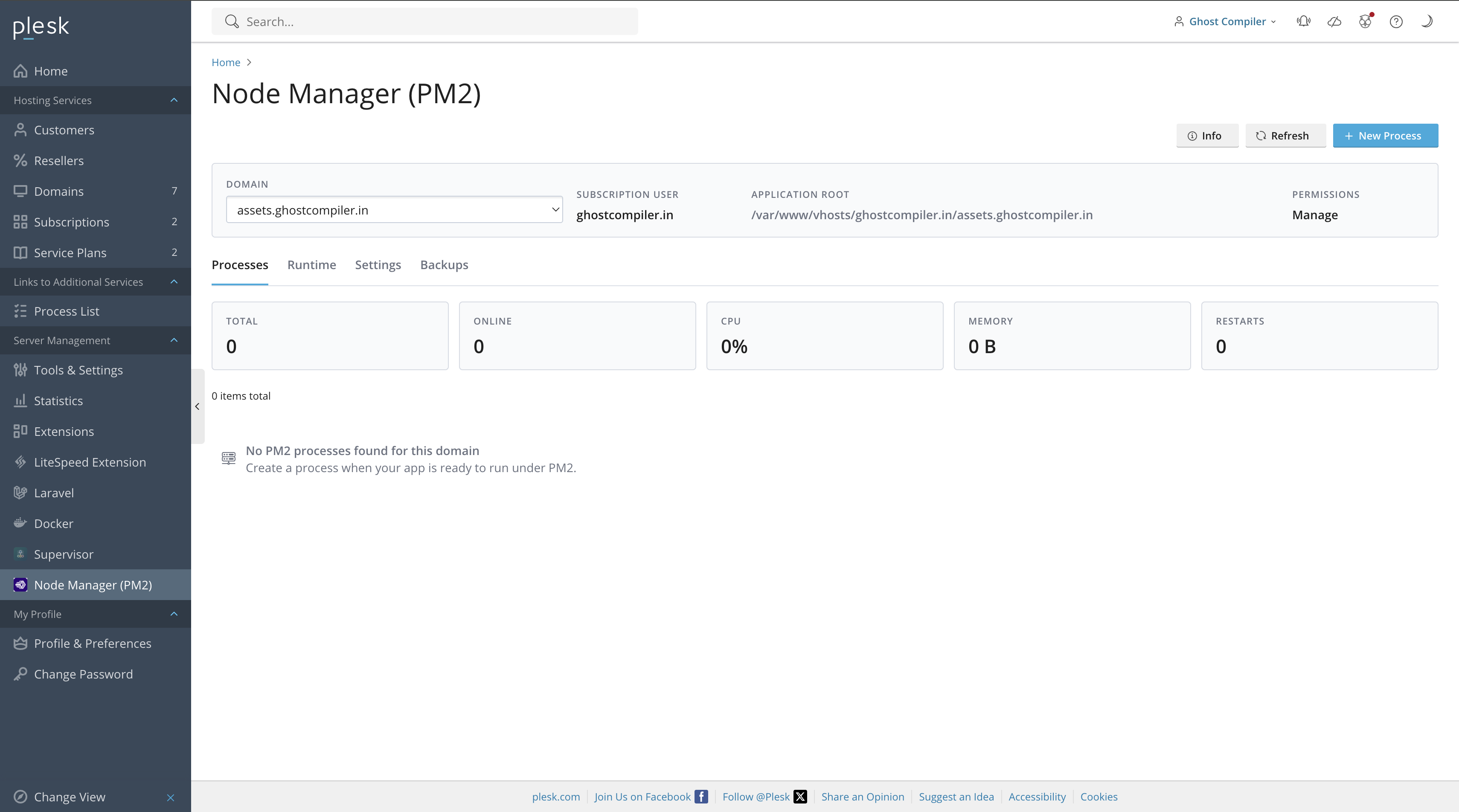 Node Manager PM2 dashboard light theme